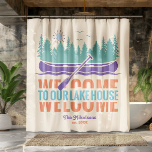 Retro Lake House Family Name Shower Curtain