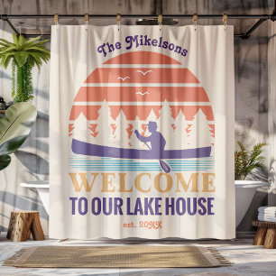 Retro Lake House Family Name Shower Curtain
