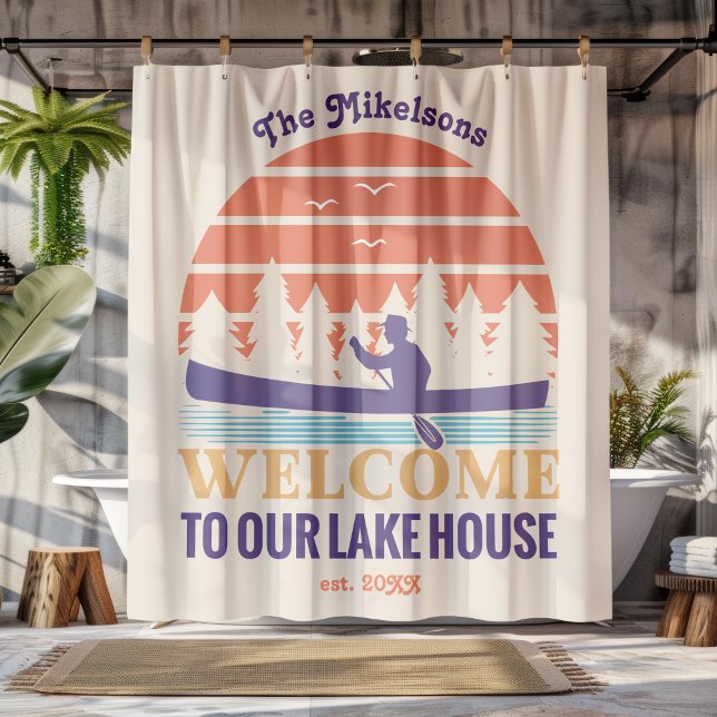 Retro Lake House Family Name Shower Curtain (Creator Uploaded)