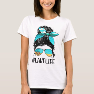 Retro Lake Life Messy Bun Hair Summer Vacation Gir T-Shirt