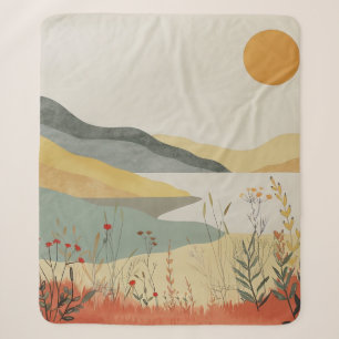 Retro Lakeside Sunset Terracotta Sage Landscape Sherpa Blanket