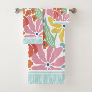Retro Large Colourful Florals with Faux Fringe Bath Towel Set