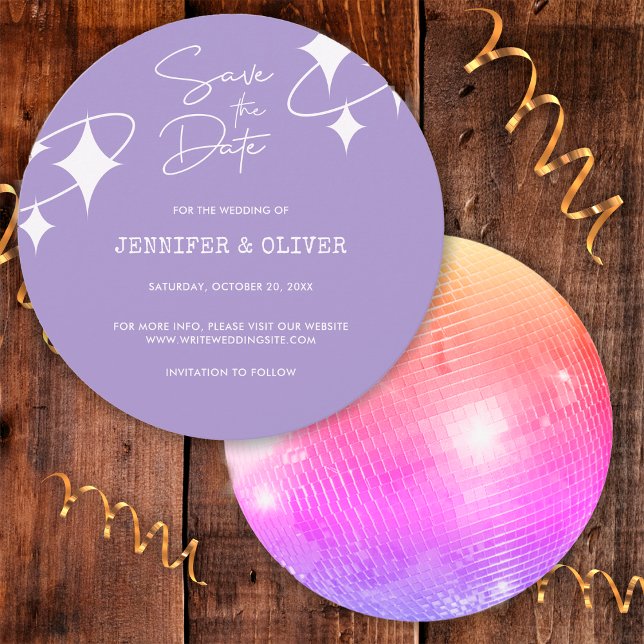 Retro Lavender Disco Ball Wedding Save the Date Invitation (Front/Back)
