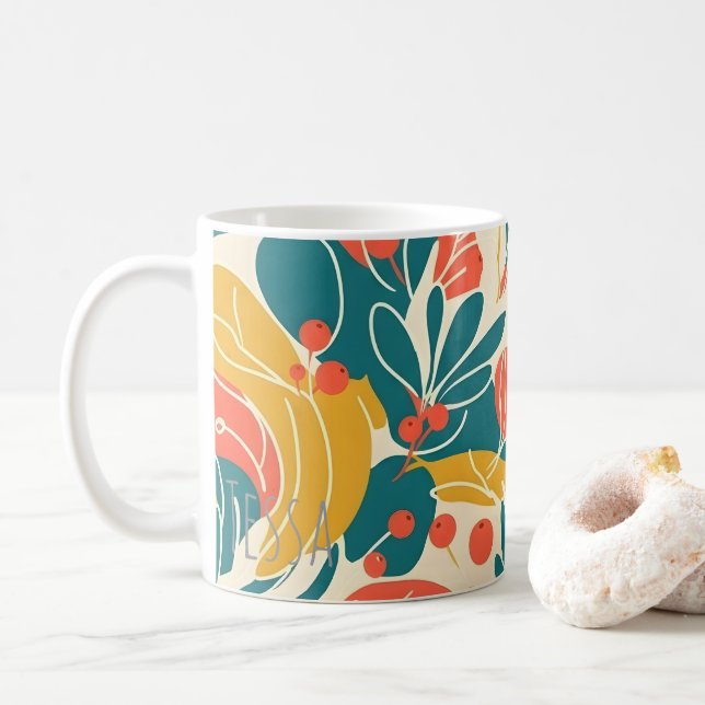 Retro Leaf and Berry Botanical Art Coffee Mug (With Donut)