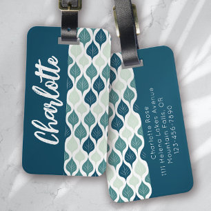 Retro Leaf Pattern Blue Green Monogram Luggage Tag