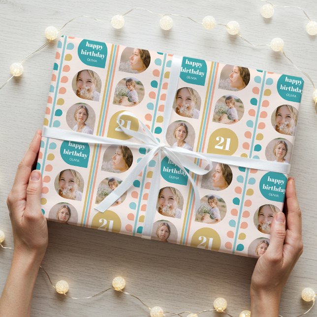 Retro Leaf Stem Custom Photo Birthday Wrapping Paper (Creator Uploaded)