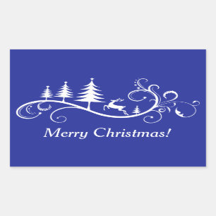 Retro Leaping Deer and Tree Christmas Rectangular Sticker
