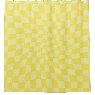 Retro Lemon Yellow Checks Warped Chequered Shower Curtain