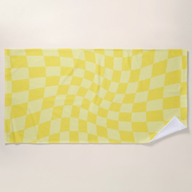 Retro Lemon Yellow Pastel Warped Chequerboard    Beach Towel (Front)