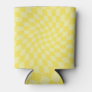 Retro Lemon Yellow Pastel Warped Chequerboard  Can Cooler