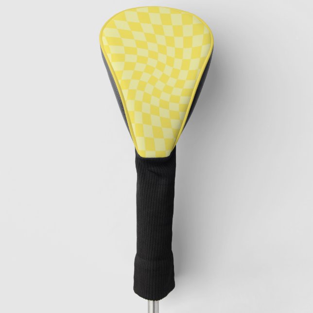Retro Lemon Yellow Pastel Warped Chequerboard   Golf Head Cover (Front)