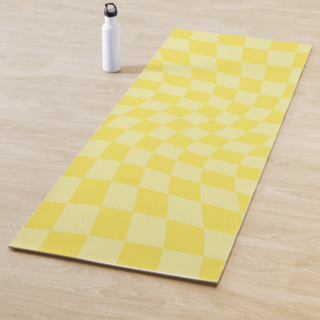 Retro Lemon Yellow Pastel Warped Chequerboard   Yoga Mat (In Situ)