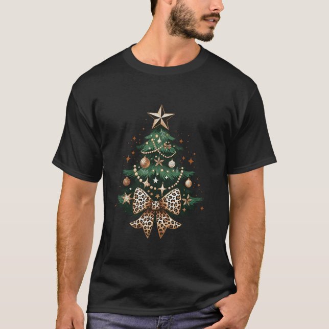 Retro Leopard Coquette Bow Christmas Tree Xmas Hol T-Shirt (Front)