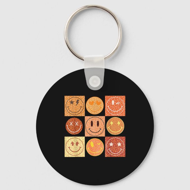 Retro Leopard Happy Face Checkered Pattern Smile F Key Ring (Front)