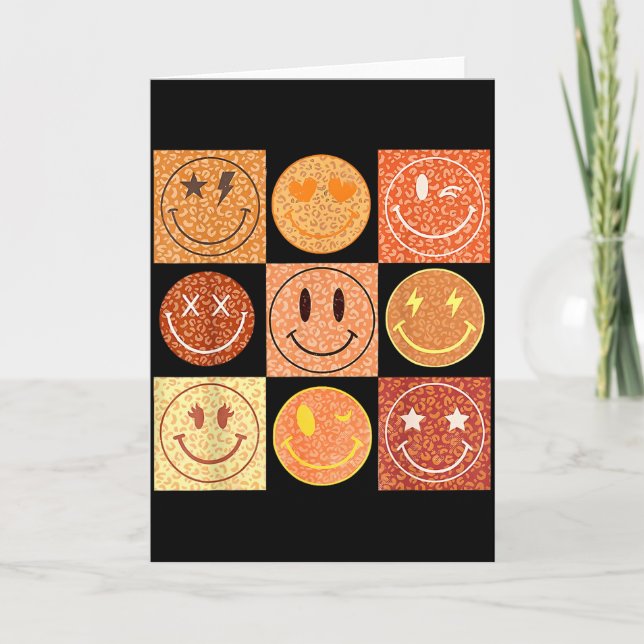 Retro Leopard Happy Face Chequered Pattern Smile F Card (Front)