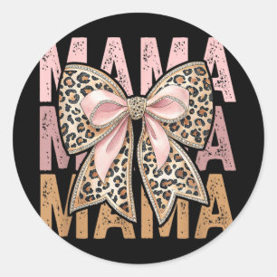 Retro Leopard Mama,cute Mum Retro Coquette Bow Mot Classic Round Sticker