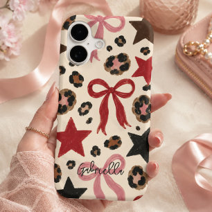 Retro Leopard Pink Bow Star Cherry Y2K Coquette