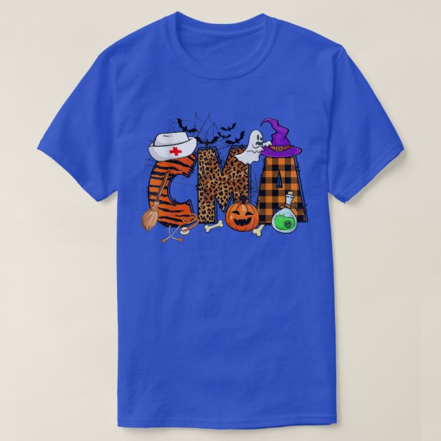 Retro Leopard Plaid CMA Cute Ghost and Pumpkin Hal T-Shirt (Design Front)