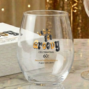 Retro Let's Get Groovy Name 60th Birthday Stemless Wine Glass