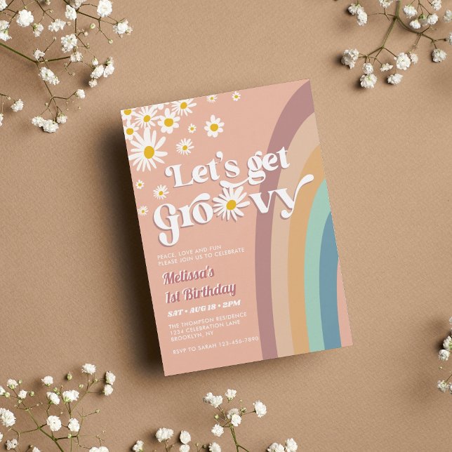 Retro Let's Groovy Daisy Rainbow Any Age Birthday Invitation (Creator Uploaded)