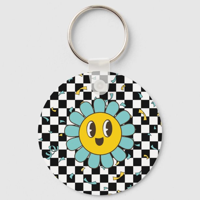 Retro Let's Party Daisy Birthday Key Ring (Front)