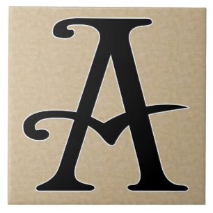 Retro Letter A in Black Monogram on Parchment Ceramic Tile
