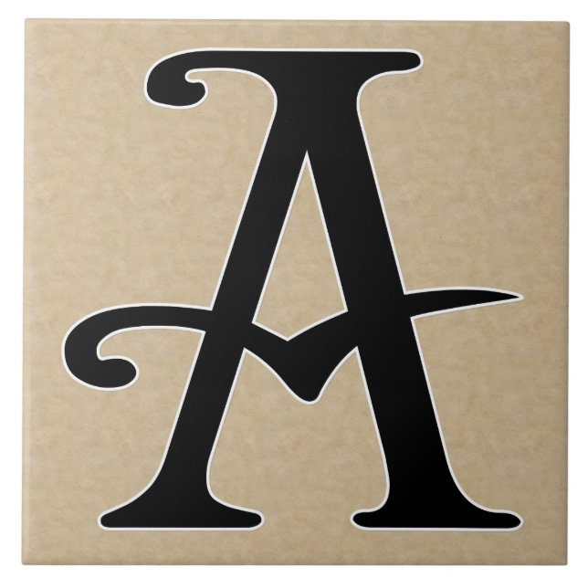 Retro Letter A in Black Monogram on Parchment Ceramic Tile (Front)
