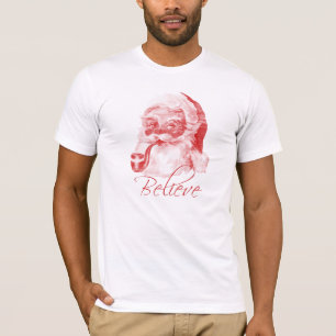 Retro Letterpress Style Santa with Pipe (Believe) T-Shirt