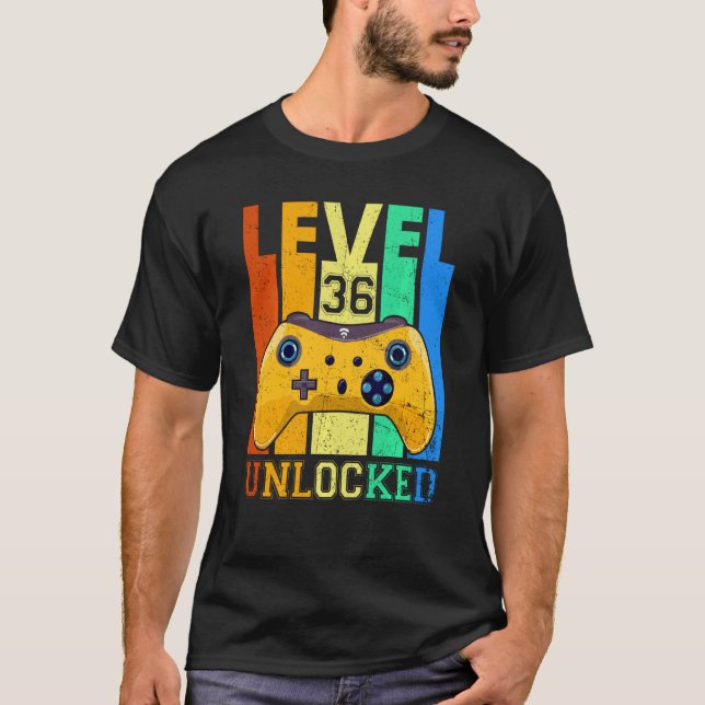 Retro Level 36 Unlocked 36th Birthday Gaming  Play T-Shirt (Front)
