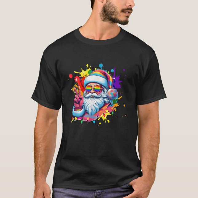Retro LGBT Santa Claus Rainbow Christmas Gay Lesbi T-Shirt (Front)