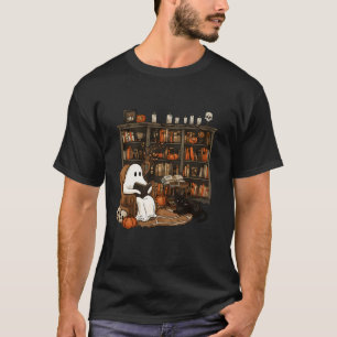 Retro Librarian Bookshelf Teacher Boujee Ghost Cat T-Shirt