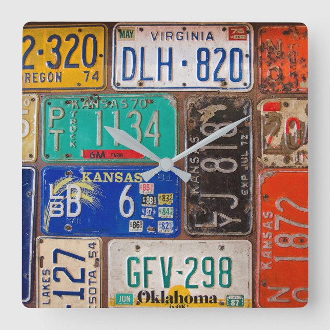 Retro License Plate Collection Square Wall Clock (Front)