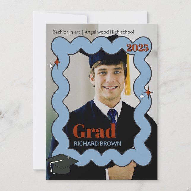 Retro Light blue squiggle wavy graduation invite  (Front)
