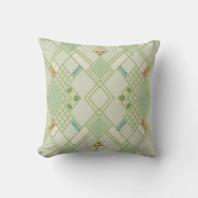 Retro Light Green Geometric Bohemian Tile Pattern Cushion (Front)