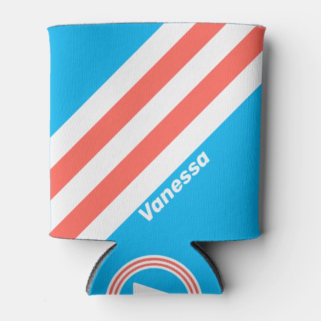 Retro Light Sky Blue Stripes with Name Can Cooler (Front)