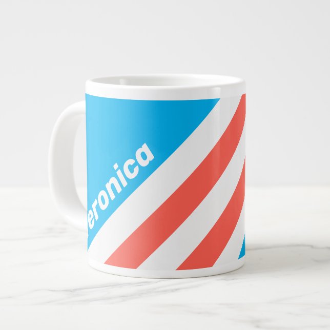 Retro Light Sky Blue Stripes with Name Large Coffee Mug (Front Left)