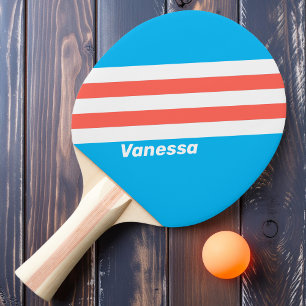 Retro Light Sky Blue Stripes with Name Ping Pong Paddle