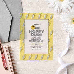 Retro Lightning One Happy Dude 1st Birthday Photo Vellum Invitations