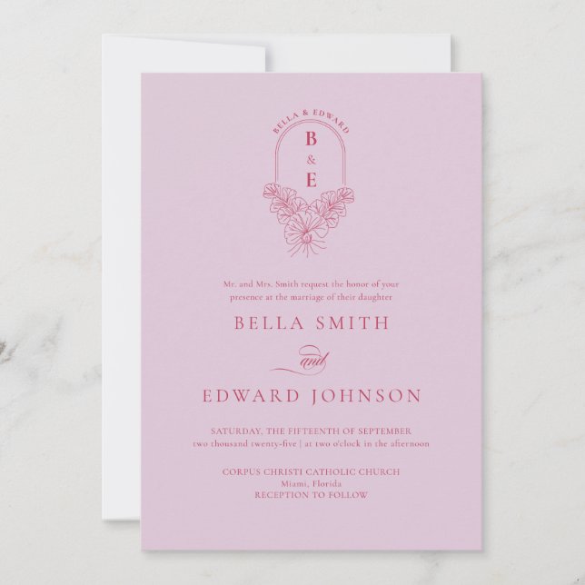 Retro Lilac Magenta Floral Monogram Crest Wedding Invitation (Front)