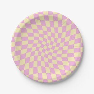 Retro Lilac Peach PInk Checks Warped Chequerboard  Paper Plate