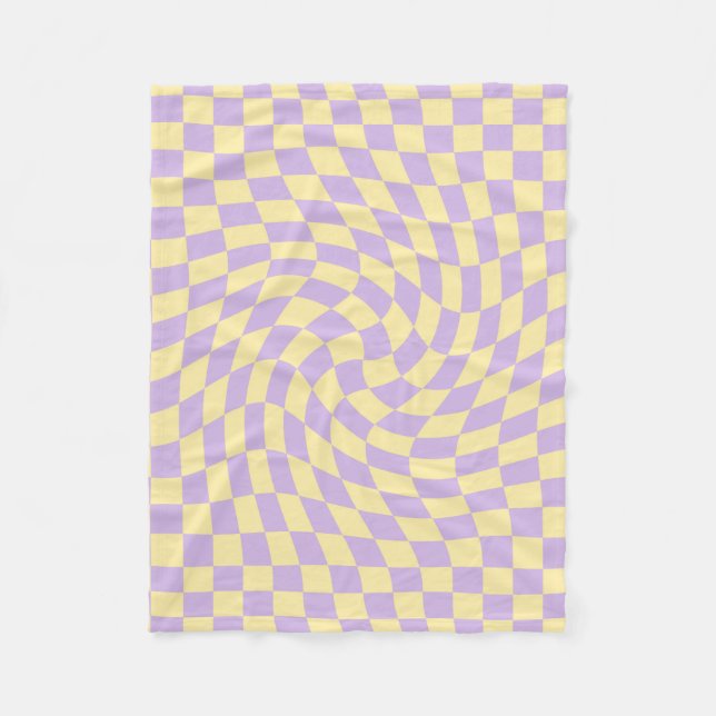 Retro Lilac Yellow Pastel Warped Chequerboard Fleece Blanket (Front)