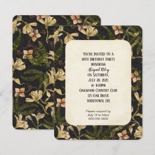 retro lily pattern on black party invite