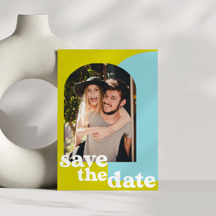 Retro Lime Blue Geometric Couple Photo Wedding Save The Date