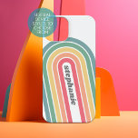 Retro Line Arch Pastel Rainbow Colours Script Name iPhone 15 Case<br><div class="desc">A funky line arch pattern with pastels - blue, green, yellow, orange and red. The retro design includes curves and lines in thick colours. Add your name or delete the text for a fun retro cover. The name is a trendy script font in grey. If you click on the customise...</div>