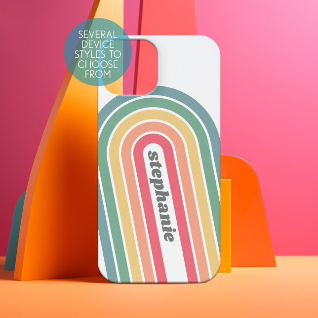 Retro Line Arch Pastel Rainbow Colours Script Name iPhone 15 Case (Personalized Phone Case - Choose Your Device and Customize the Design)