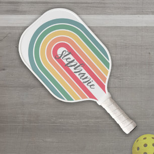 Retro Line Arch Pastel Rainbow Colours Script Name Pickleball Paddle
