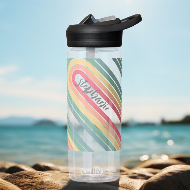 Retro Line Arch Pastel Rainbow Colours Script Name Water Bottle (Personalized water bottle with retro stripes and your name)