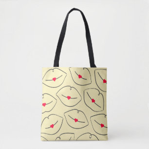 Retro Line Art Lips & Hearts Sunshine Yellow Tote Bag