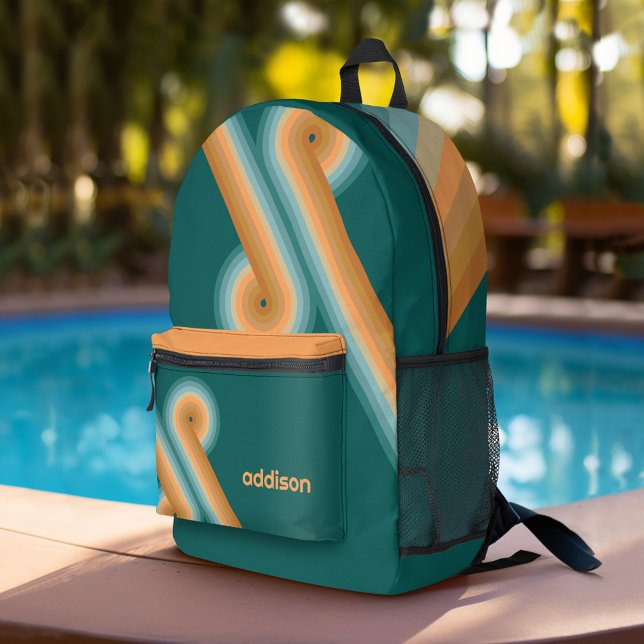 Retro Line Art Sunset Southwest Colours Circle Printed Backpack (Personalized Backpack with Retro Stripes and Custom Name)