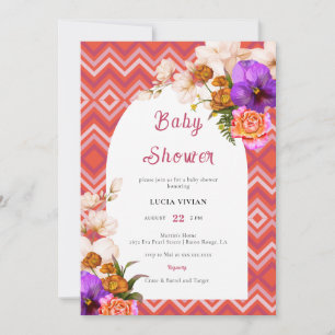 Retro Lines Floral Magenta Fuchsia Baby Shower Invitation